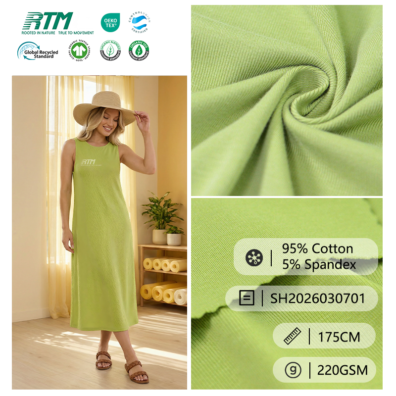 SH2026030701-Wholesale In Stock 220GSM Mediumweight Knitted Soft Comfortable Anti Pill Moisture-wicking 95% Cotton 5% Spandex 1x1 Rib Fabric for Base Layer&T-shirt