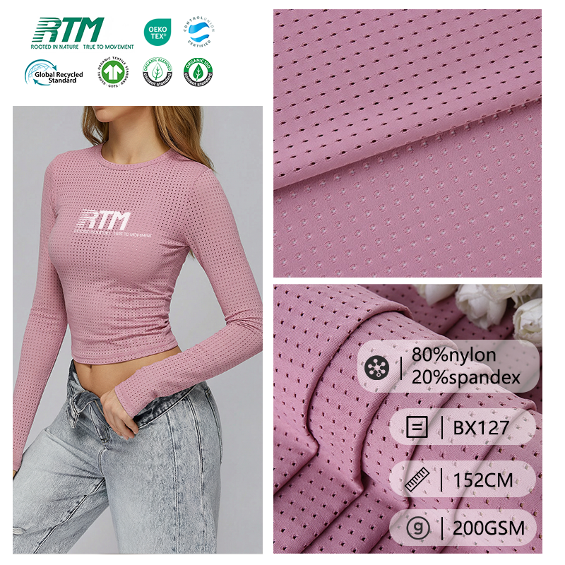 BX127-Low MOQ 40D High Elasticity Breathable Cool Feeling Knitted 80% Nylon 20% Spandex Mesh Jacquard  Fabric For Tops T-Sirts Yogawear