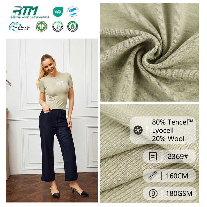 2369#-OEM/ODM antistatisches Geruchskontroll- und formstabil wiederaufnehmendes gestricktes Gewebe mit 80 % Tencel Lyocell und 20 % Wolle für Damenoberbekleidung sowie Frühjahrs-/Herbstkleider