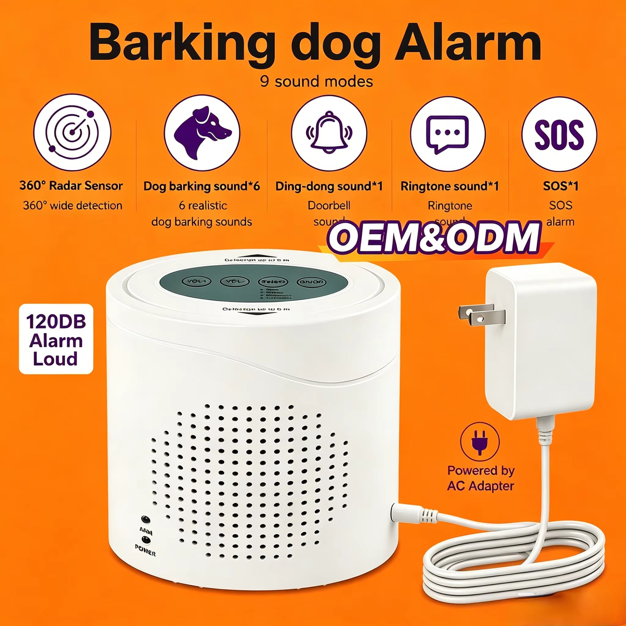 360°-radarbewegingsensor-hondblafalarm met 120 dB verstelbare sirene, elektroniese waakhond, anti-intruderalarm, draadlose deurklokkie