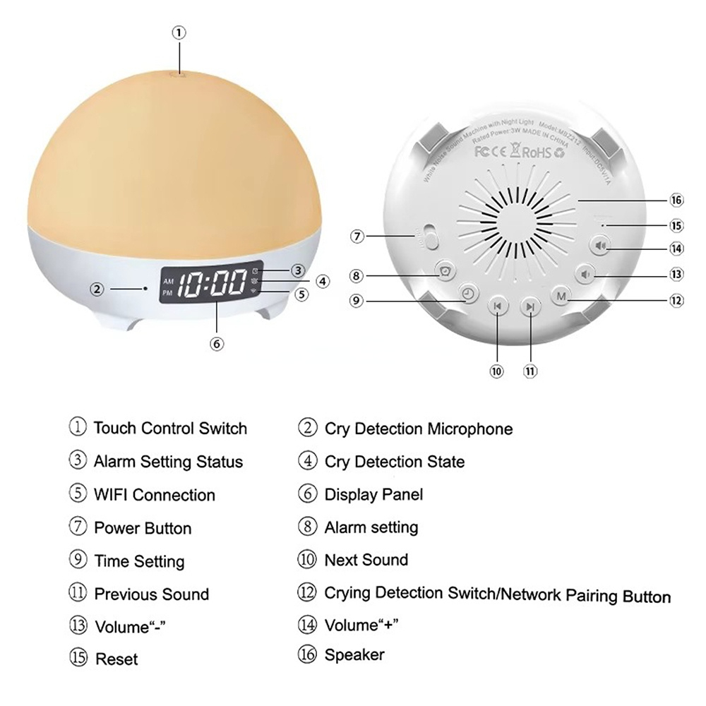 Tuya Wireless Smart Sound Machine White Noise Sound Machine with Baby Cry Sensor Detection Time Alarm Display Smart Light factory
