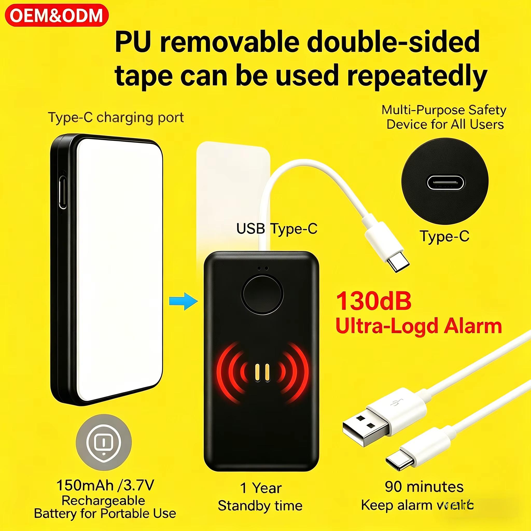 130dB Personal Safety Alarm Emergency Keychain with USB Rechargeable & Hook Sticker for Women Elderly Kids Joggers Night Workers