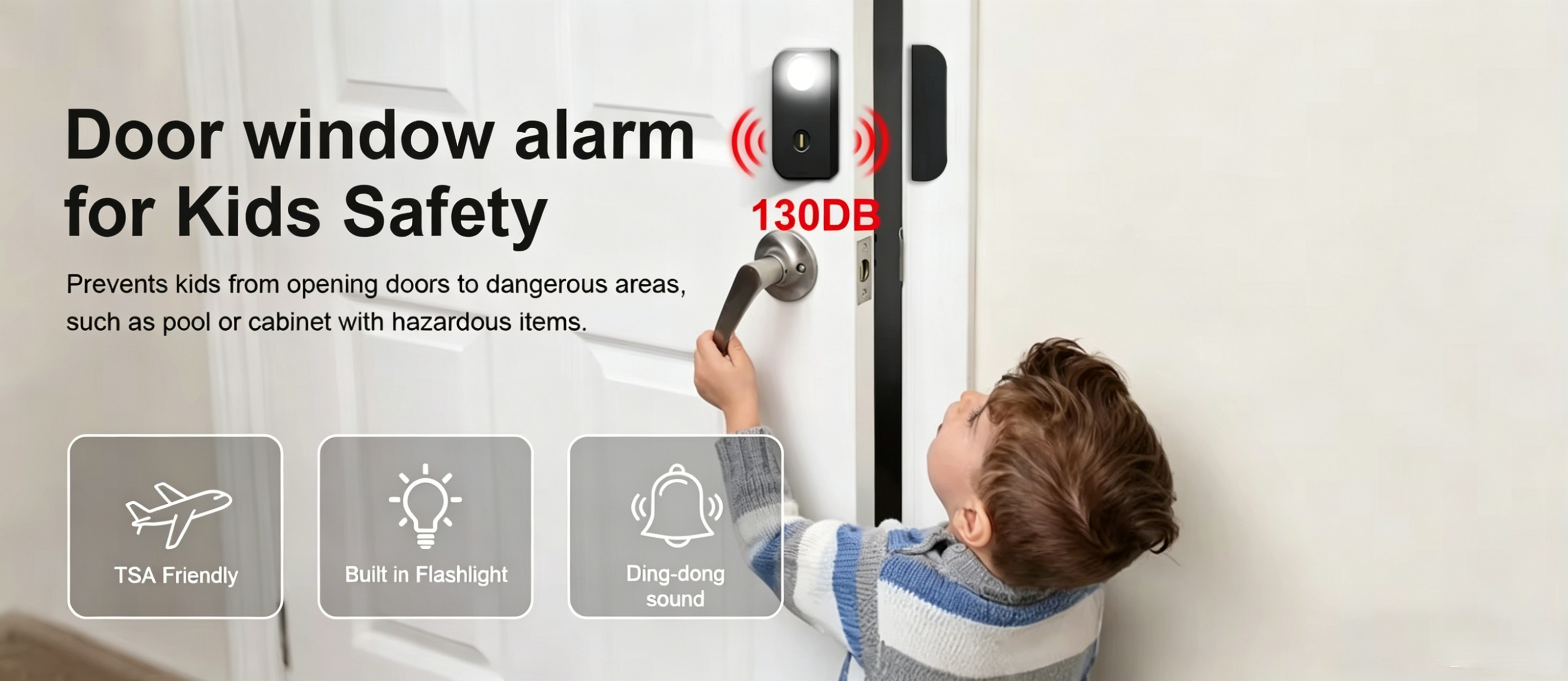 Rechargeable Door Window Alarm with Doorbell Mode, 30Lum LED Flashlight, 130mAh Battery for Home Security supplier