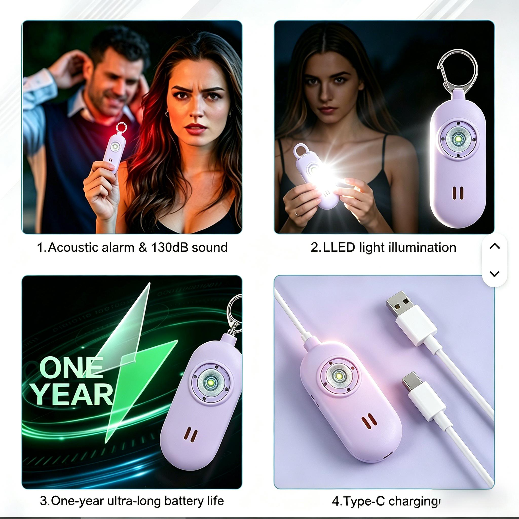 130dB Personal Alarm for Women - Rechargeable SOS Keychain with LED Light, Portable Self Defense Safety Device for Kids Elderly details