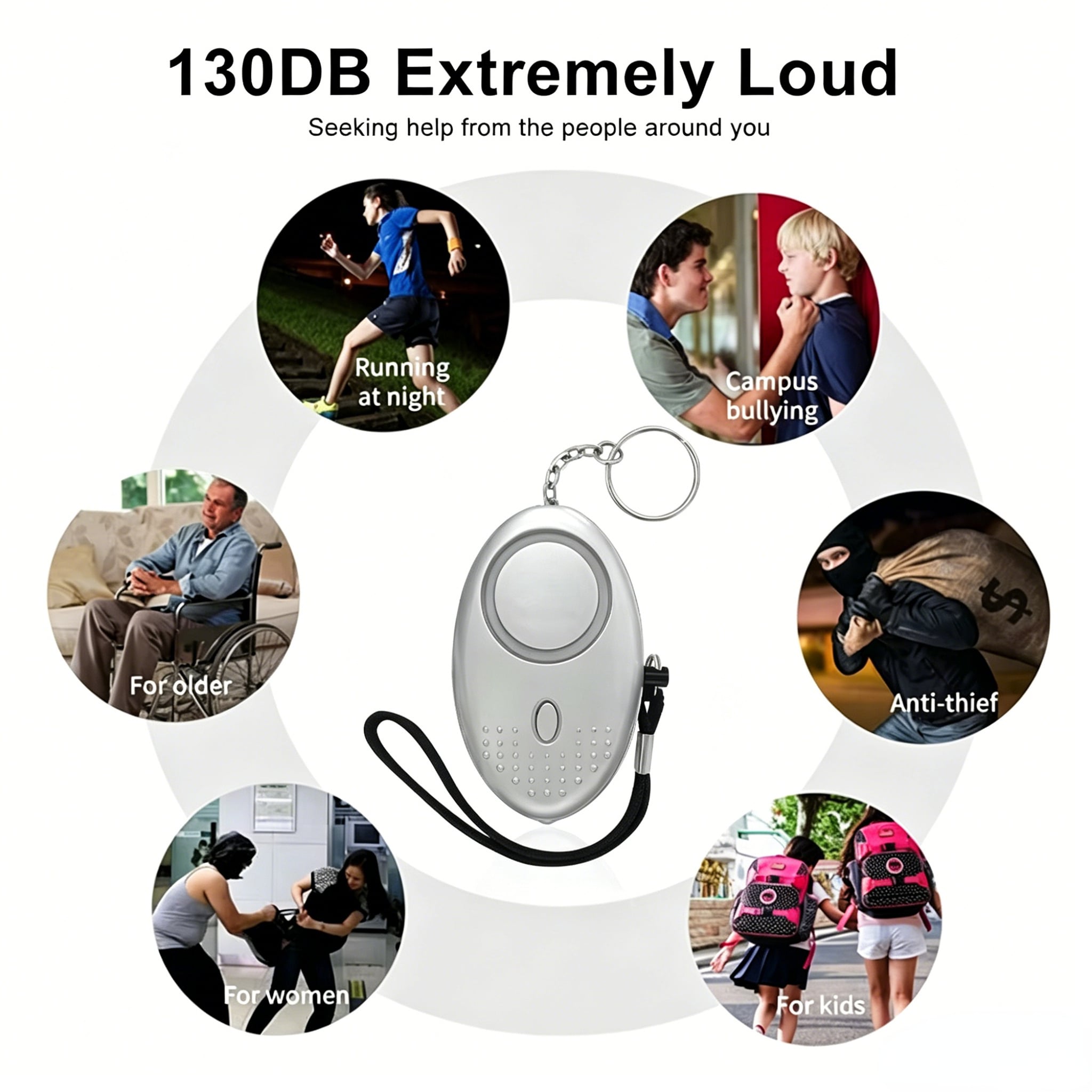 130db Personal SAFETY ALRM Self-defense Security Keychain Alarm LED SOS Keychain Self Defense Alarm