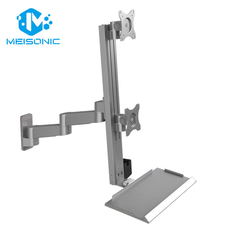 T8-MA02KB-SPB Industrial Design White Double Screens Monitor Stand Two Sections Arm 360° Screen Rotation Monitor Bracket Solution
