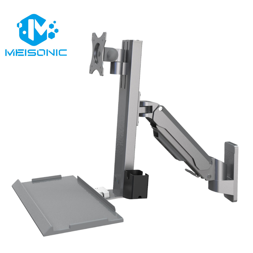 T8-GA01KB Silver Industrial Warehouse Management Gas Spring Arm Monitor Bracket With Industrial Folding Keyboard Tray Industrial monitor mount