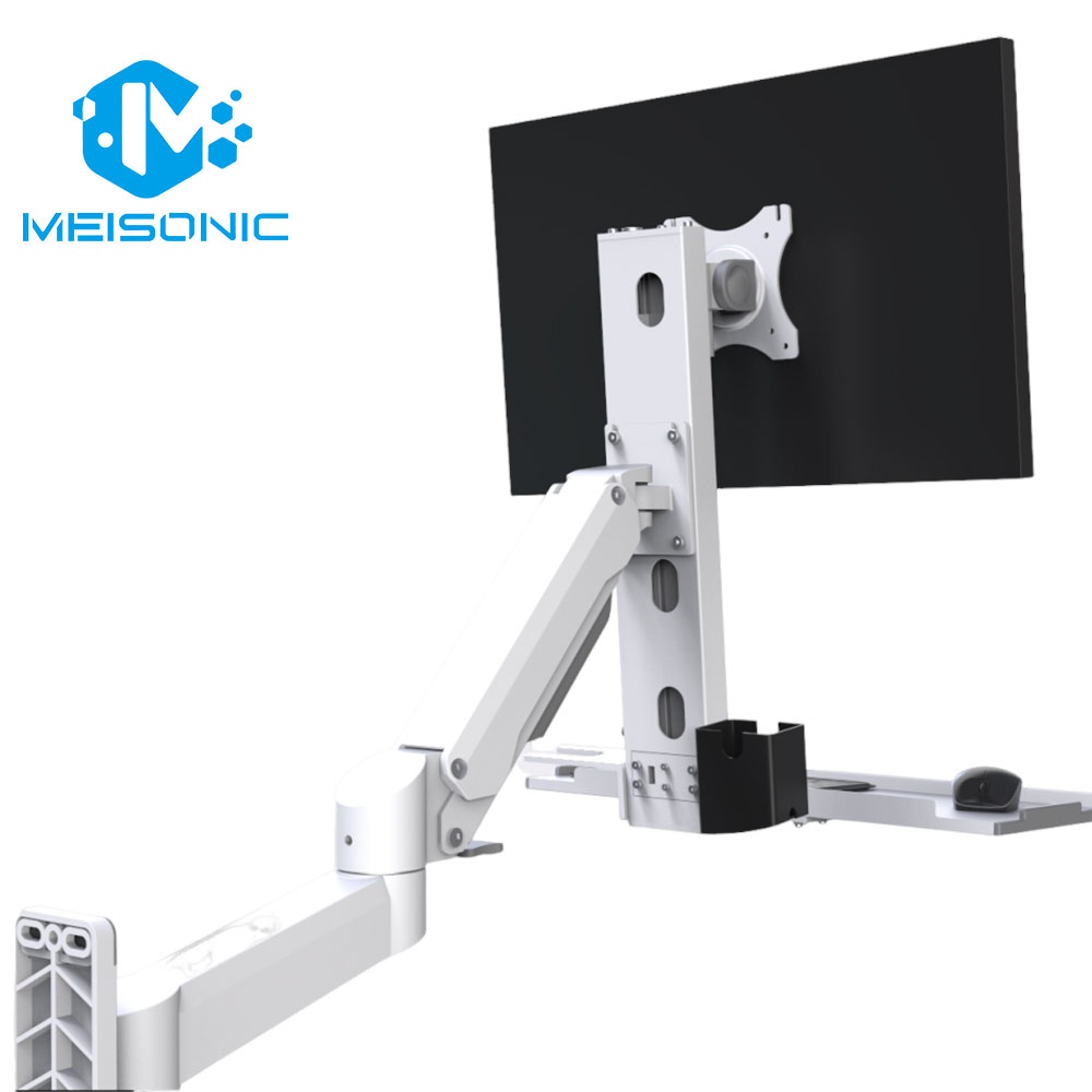 T8-GA02KB Warehouse Management Line Gas Spring Arm Monitor Bracket With Industrial Folding Keyboard Tray In White