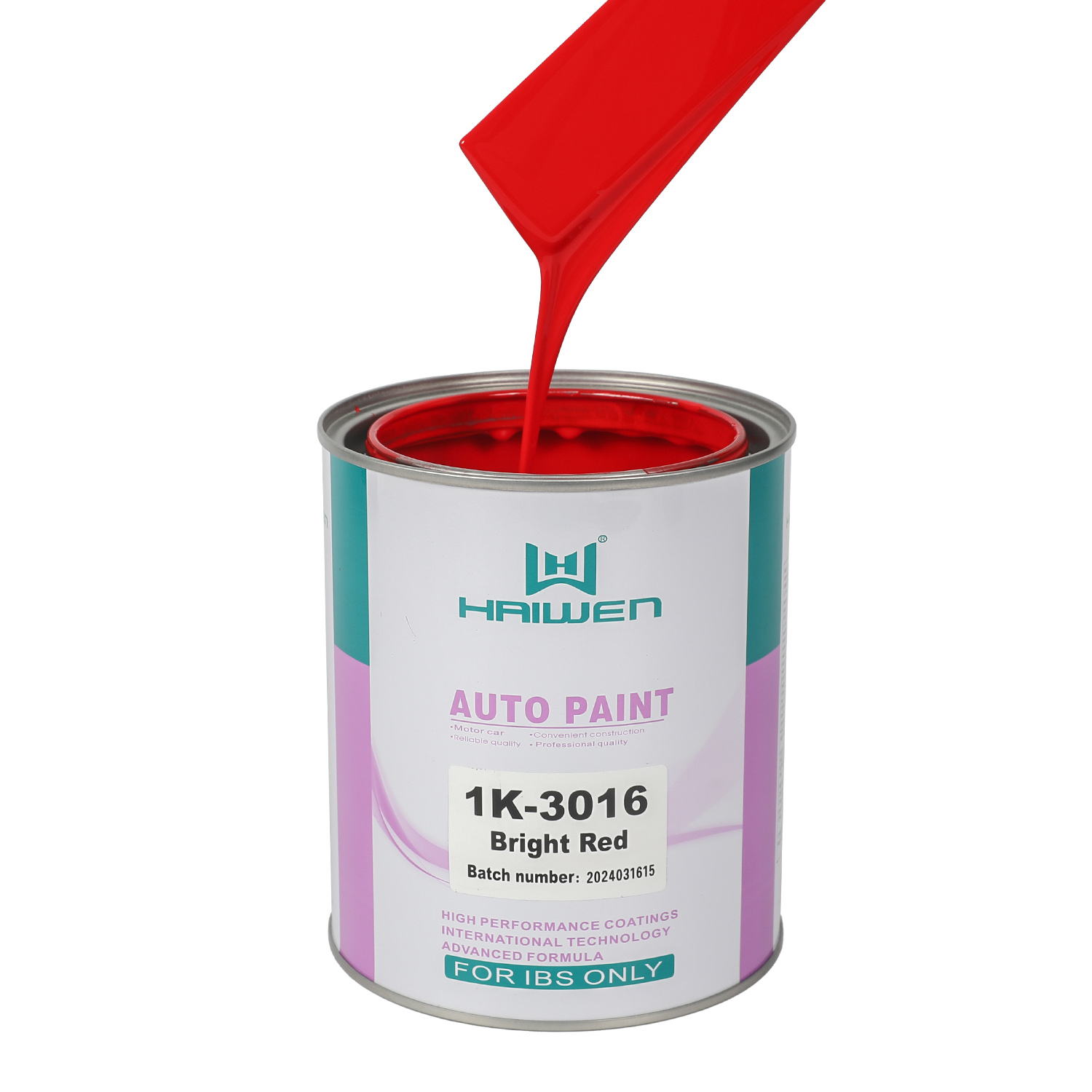 HAIWEN 1K-3016 Bright Red 1K Basecoat – Bluish Front with Yellow Side View for Automotive Refinish and Color Mixing