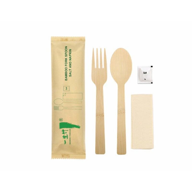 4-in-1 individually wrapped disposable bamboo fork spoon set with salt & napkin