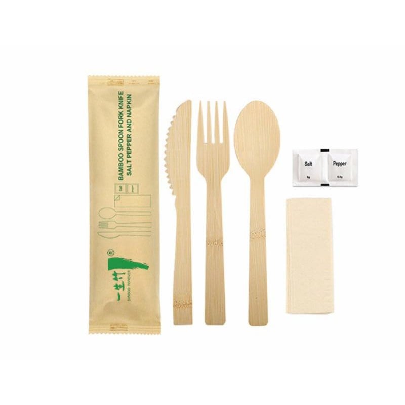 6-in-1 individually wrapped disposable bamboo cutlery set with knife fork spoon napkin salt & pepper