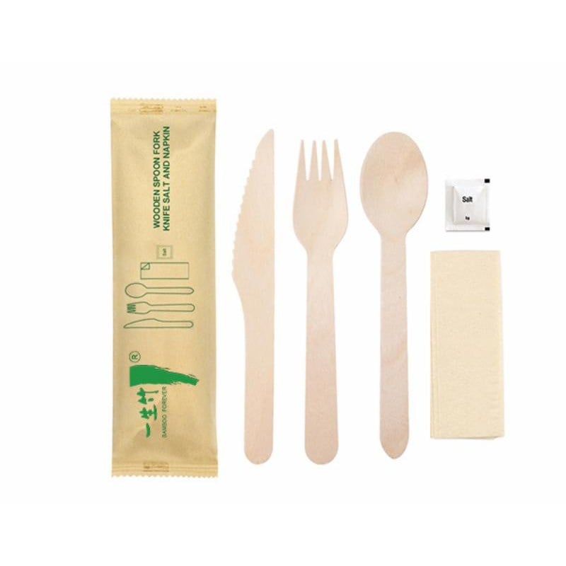 5-in-1 disposable wooden cutlery kit: knife + fork + spoon + napkin + salt sachet