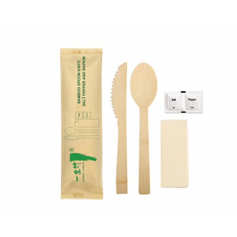5-in-1 individually wrapped disposable  bamboo knife spoon set with salt pepper & napkin