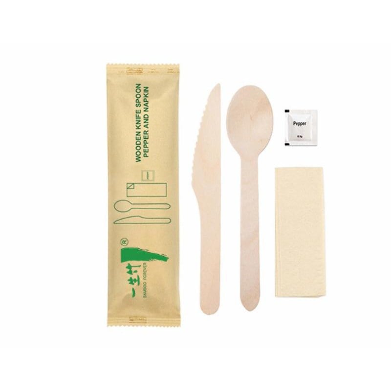 4-in-1 disposable wooden cutlery kit: knife + spoon + napkin + pepper sachet