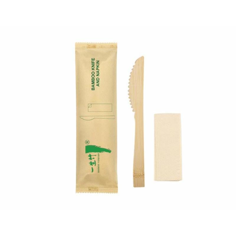 2-in-1 individually wrapped disposable bamboo knife and napkin set