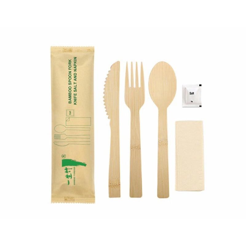 5-in-1 individually wrapped disposable  bamboo cutlery set with napkin & salt packet