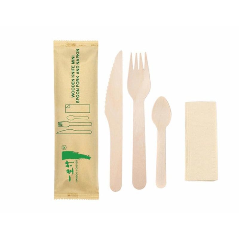 4-in-1 disposable wooden cutlery kit: knife + fork + mini spoon + napkin