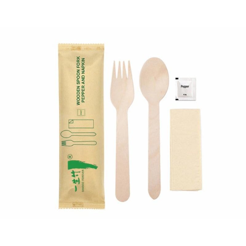 4-in-1 disposable wooden cutlery kit: fork+ spoon + napkin + pepper sachet