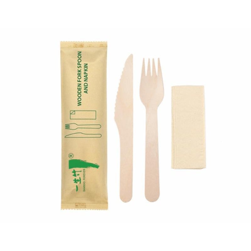 3-in-1 disposable wooden cutlery kit: knife + fork + napkin