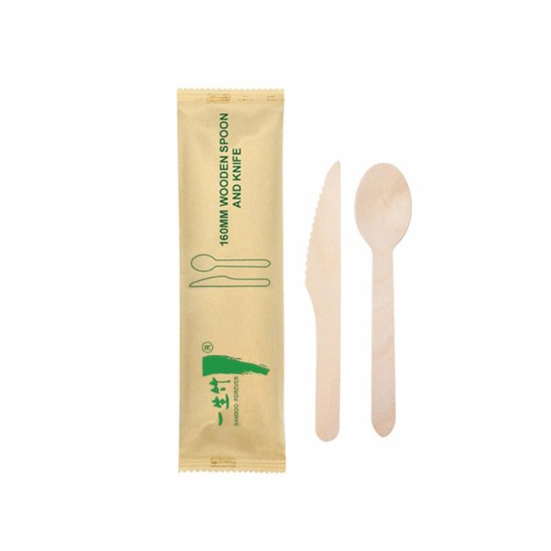 2-in-1 disposable wooden cutlery kit: knife + spoon