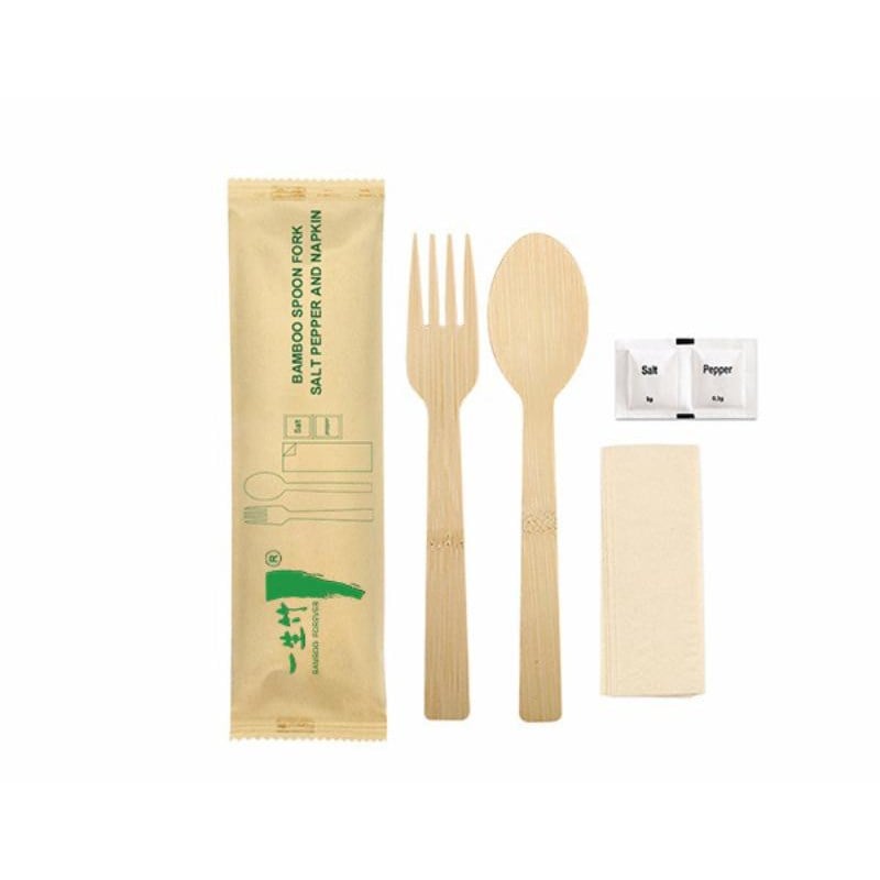 5-in-1 individually wrapped disposable  bamboo fork spoon set with salt pepper & napkin