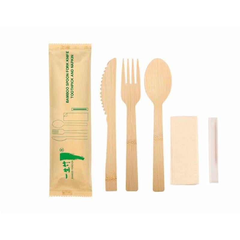 5-in-1 individually wrapped disposable bamboo knife fork spoon set with toothpick & napkin