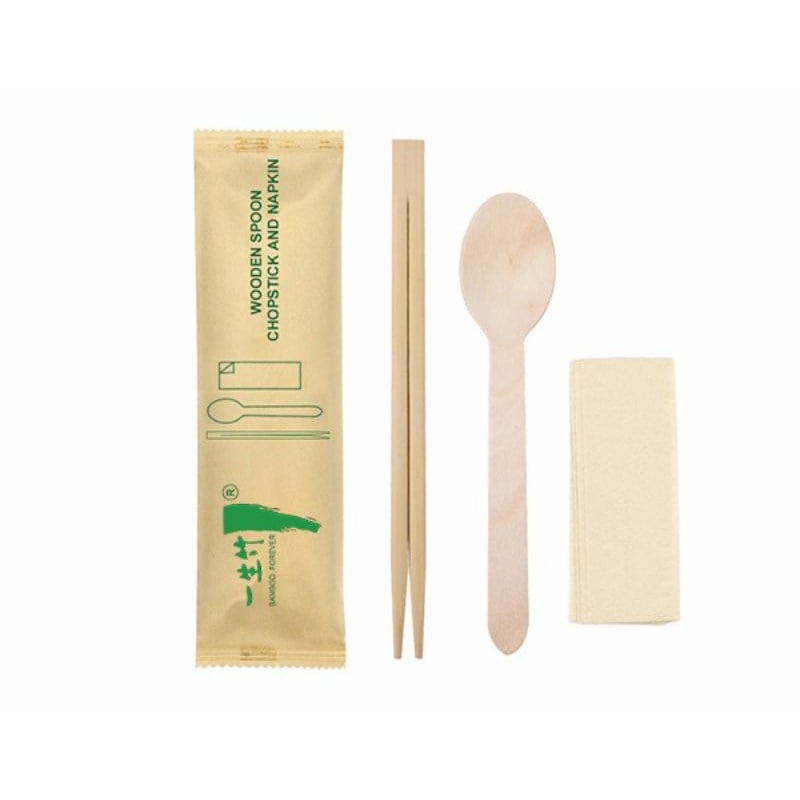 3-in-1 disposable wooden cutlery kit: chopstick + spoon + napkin