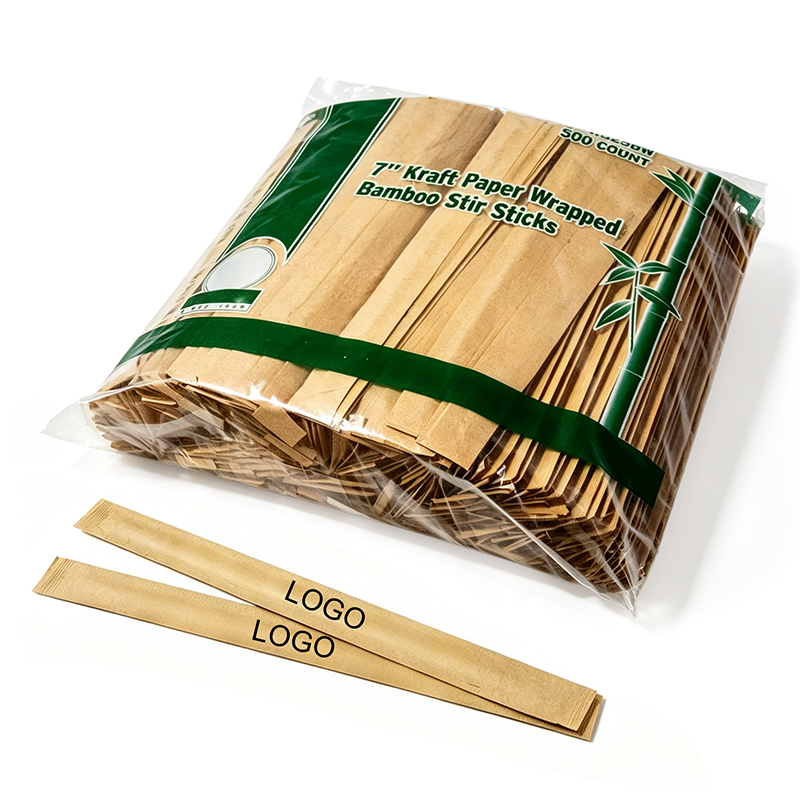 Bâtonnets mélangeurs en bambou individuellement emballés dans un sac transparent en OPP avec papier kraft – lot de 500