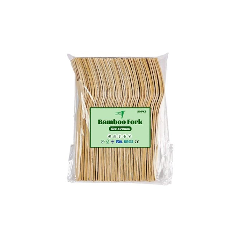 50 PCS bamboo forks in label-ready PP bag