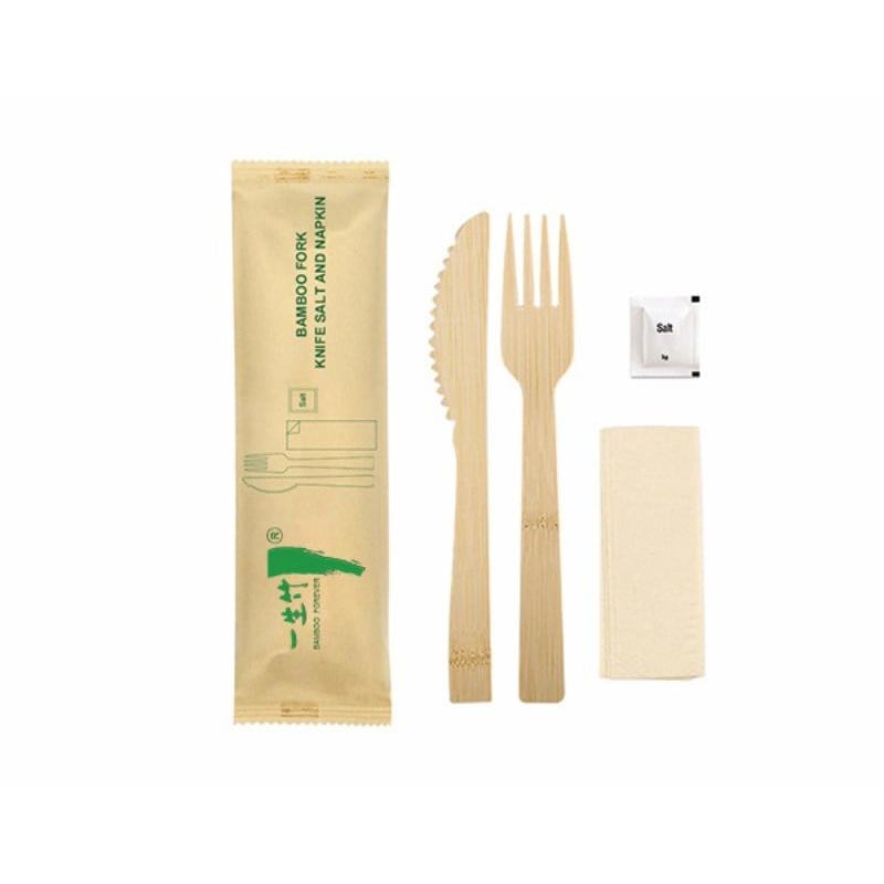 4-in-1 individually wrapped disposable bamboo knife fork set with salt & napkin