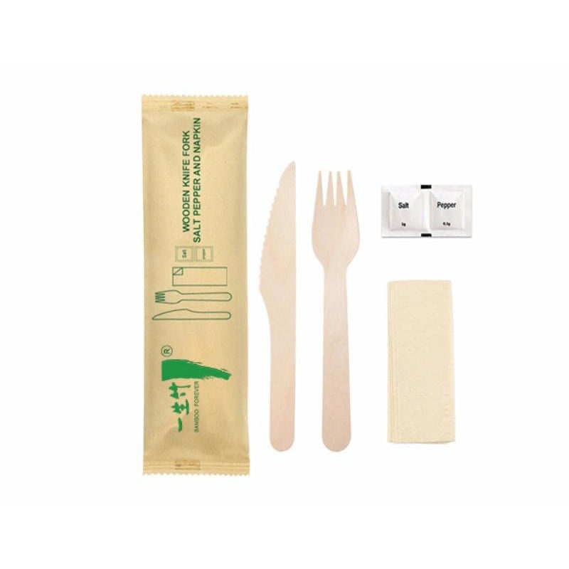 5-in-1 disposable wooden cutlery kit: knife + fork + napkin + salt sachet + pepper sachet