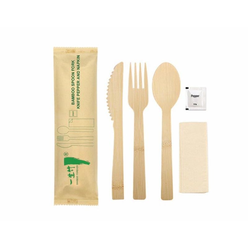 5-in-1 individually wrapped disposable  bamboo cutlery set with napkin & pepper packet