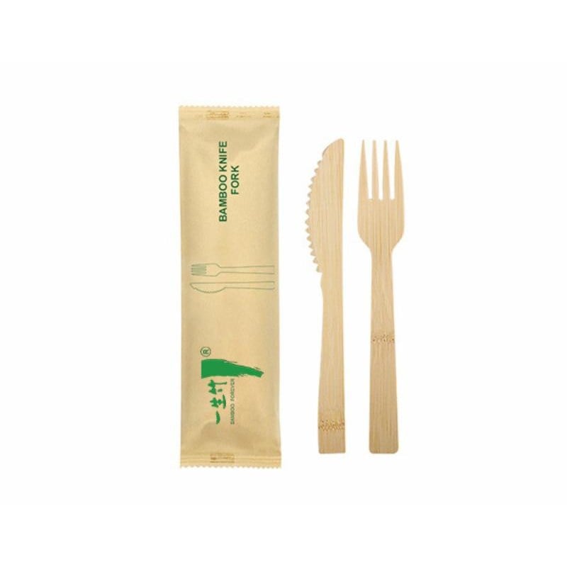 2-in-1 individually wrapped disposable bamboo knife and fork set