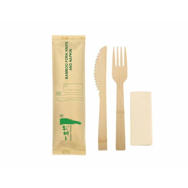 3-in-1 individually wrapped disposable bamboo knife fork napkin set