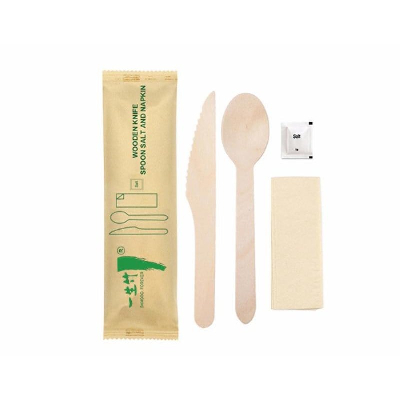 4-in-1 disposable wooden cutlery kit: knife + spoon + napkin + salt sachet