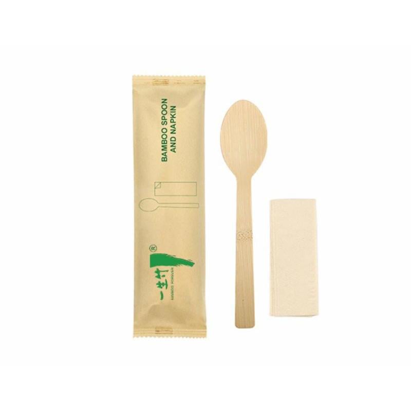 2-in-1 individually wrapped disposable bamboo spoon and napkin set