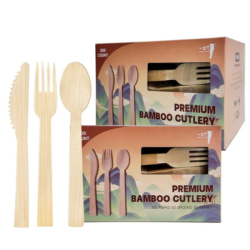 200 pieces: 100 bamboo forks, 50 bamboo spoons, 50 bamboo knives