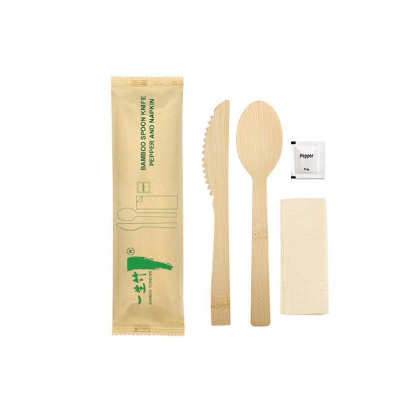 4-in-1 individually wrapped disposable bamboo knife spoon set with pepper & napkin