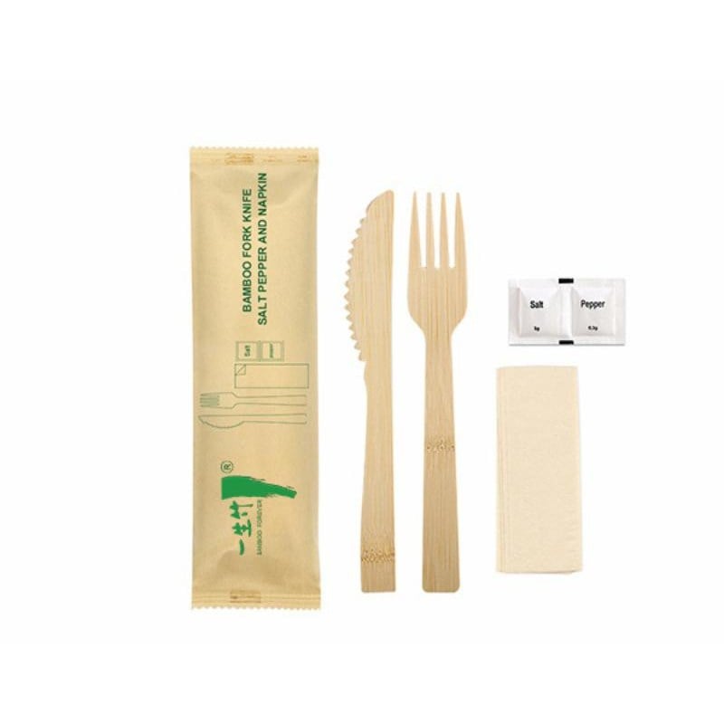 5-in-1 individually wrapped disposable  bamboo knife fork set with salt pepper & napkin