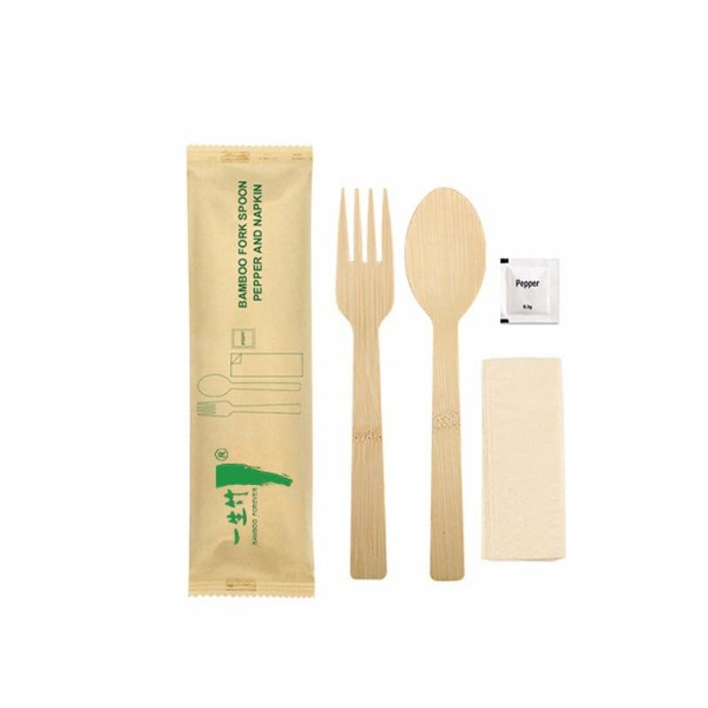 4-in-1 individually wrapped disposable bamboo fork spoon set with pepper & napkin