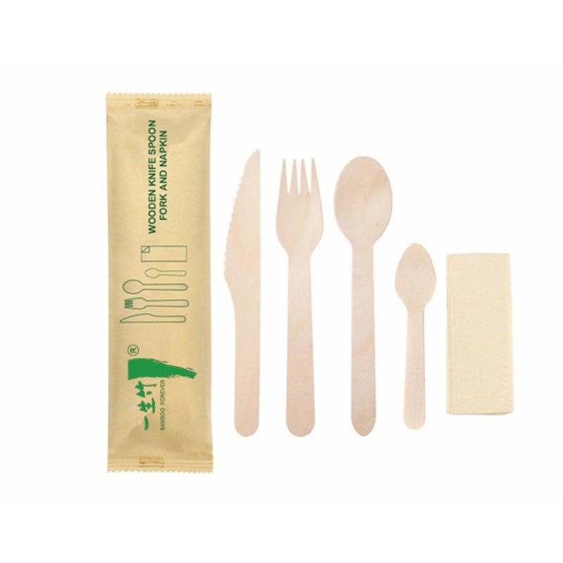 5-in-1 disposable wooden cutlery kit: knife + fork + spoon + mini spoon + napkin
