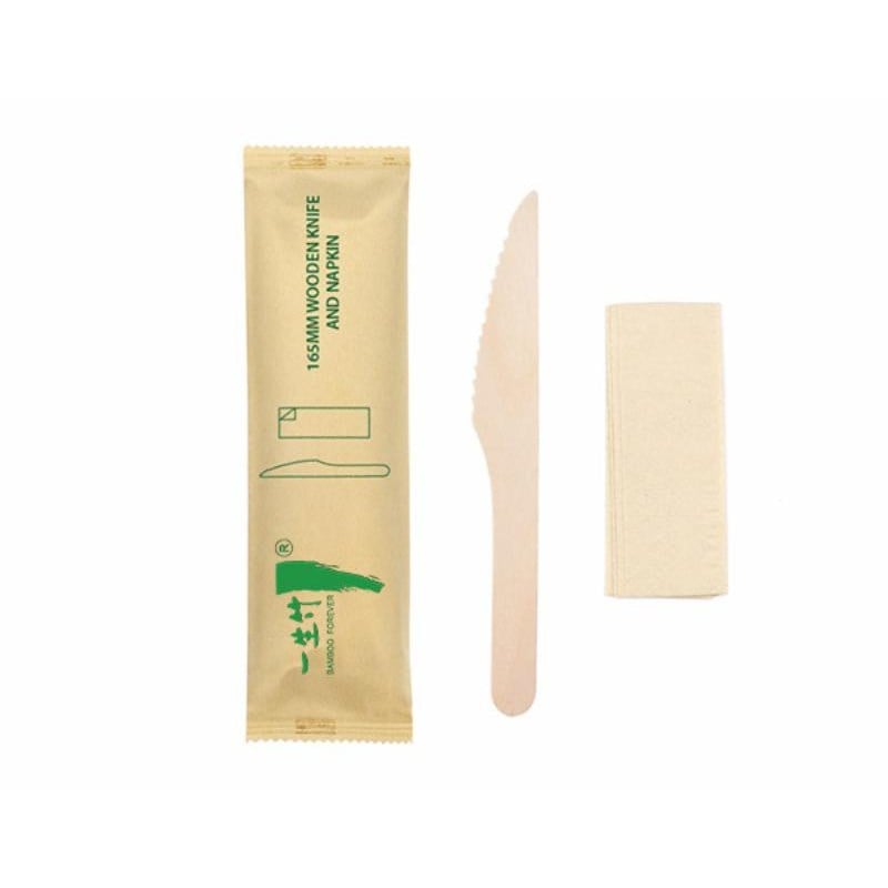 2-in-1 disposable wooden knife and napkin set