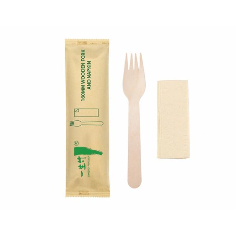 2-in-1 disposable wooden fork and napkin set