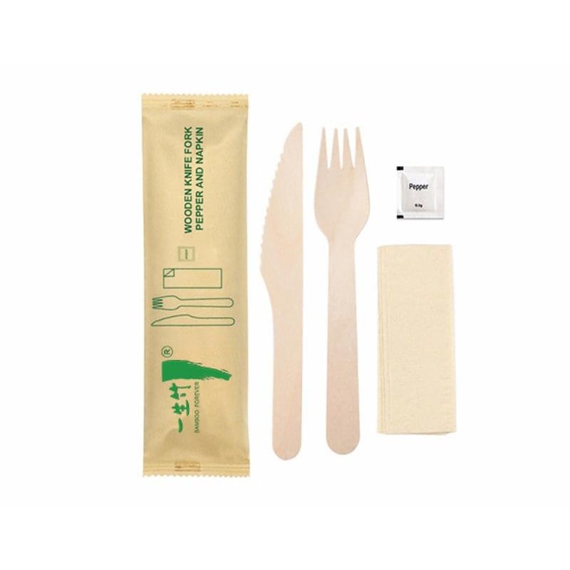 4-in-1 disposable wooden cutlery kit: knife + fork + napkin + pepper sachet