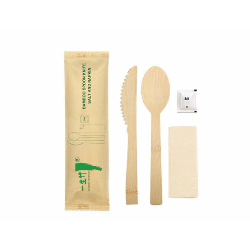 4-in-1 individually wrapped disposable bamboo knife spoon set with salt & napkin