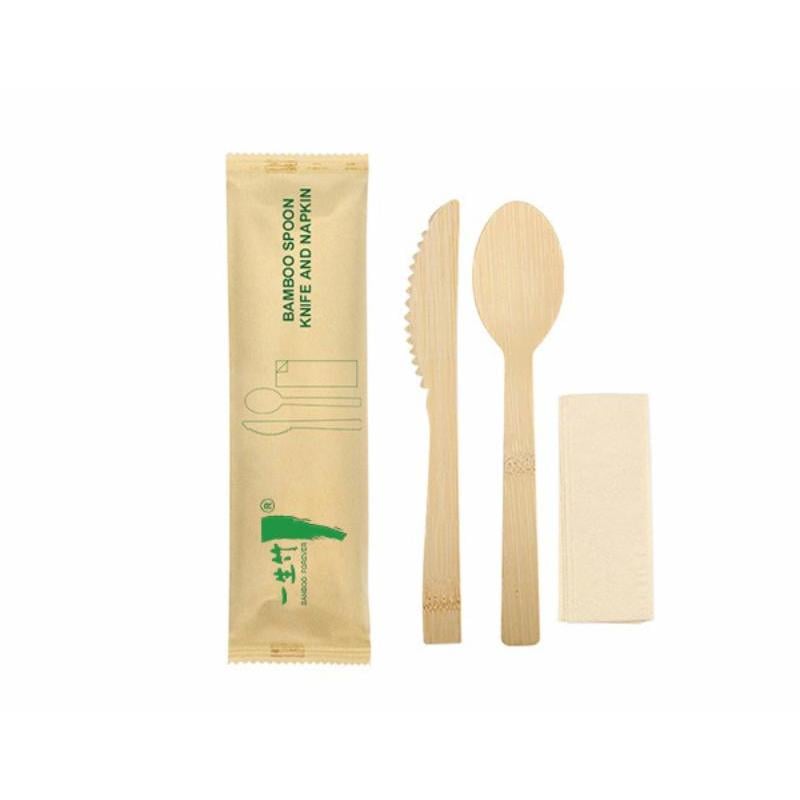 3-in-1 individually wrapped disposable bamboo knife spoon napkin set