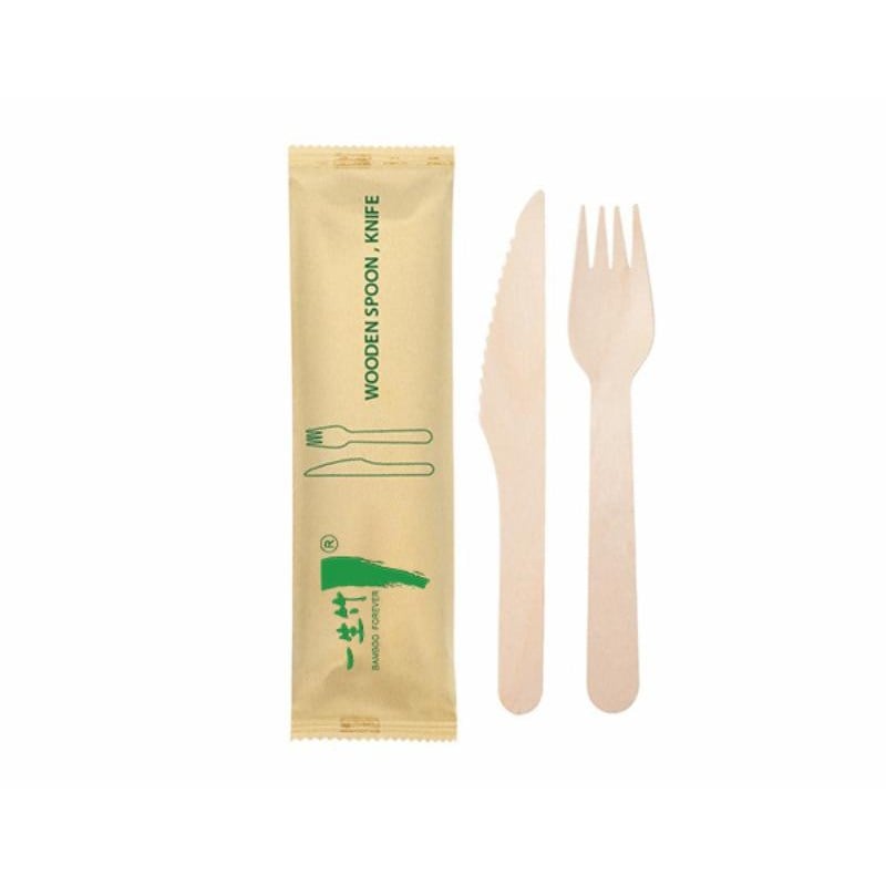 2-in-1 disposable wooden cutlery kit: knife + fork