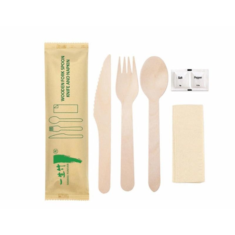 6-in-1 disposable wooden cutlery set