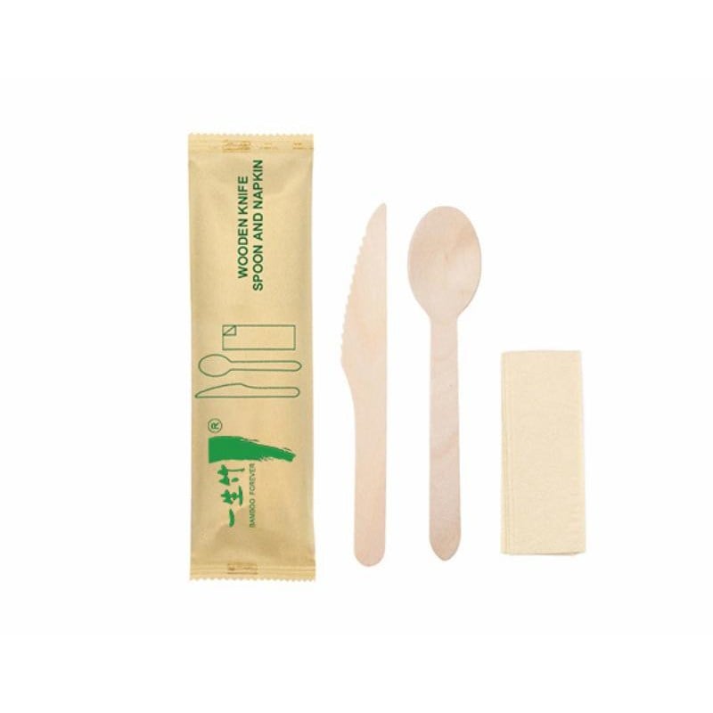 3-in-1 disposable wooden cutlery kit: knife+ spoon + napkin
