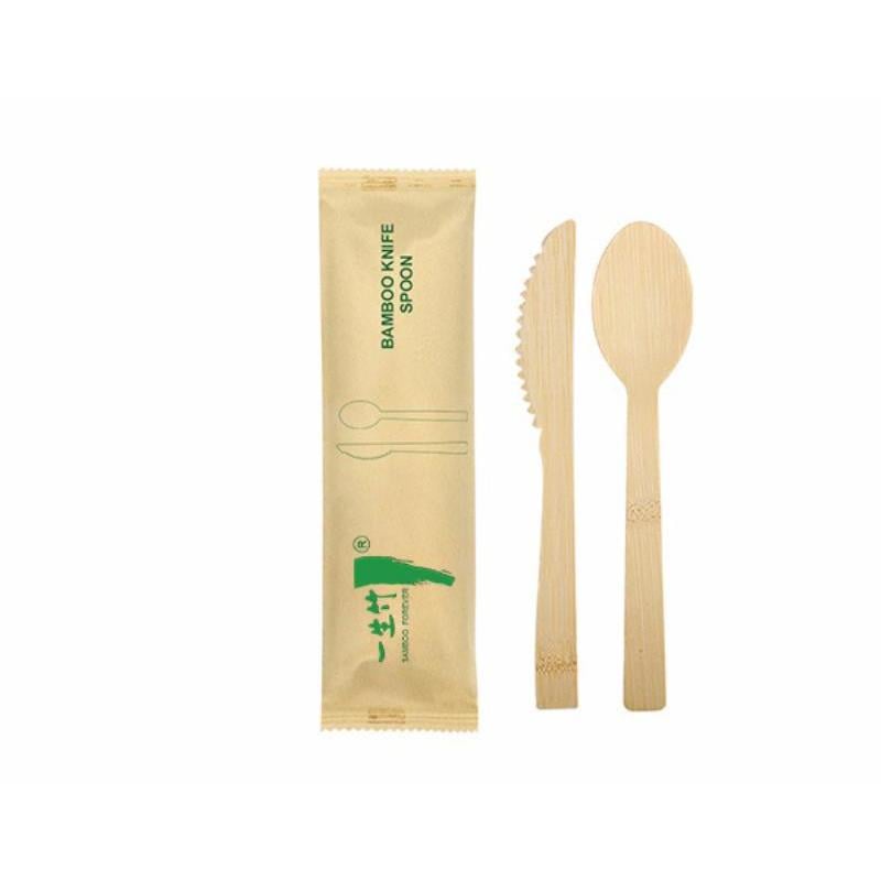 2-in-1 individually wrapped disposable bamboo knife and spoon set